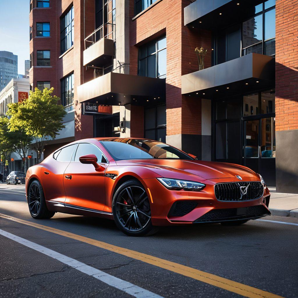 A sleek automobile adorned with stylish, unique accessories such as custom seat covers, vibrant steering wheel covers, and eye-catching decals. The car is parked in a chic urban setting, showcasing a blend of sophistication and flair. Bright sunlight casts a soft glow on the vehicle, enhancing the fashionable upgrades. The scene conveys a sense of personalized luxury and modern design. super-realistic. vibrant colors. urban background.