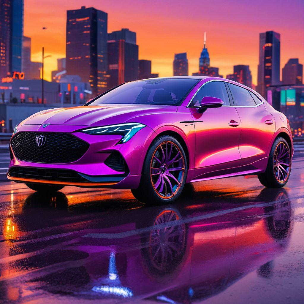 A sleek, modern car parked against a vibrant sunset backdrop, showcasing an array of stylish mods like new rims, a custom paint job, and neon underglow lights. The setting includes an open road and hints of city skyline in the distance, creating a sense of adventure and excitement. Add playful details like tools and spare parts scattered around to imply a workspace vibe. super-realistic. vibrant colors. cinematic lighting.