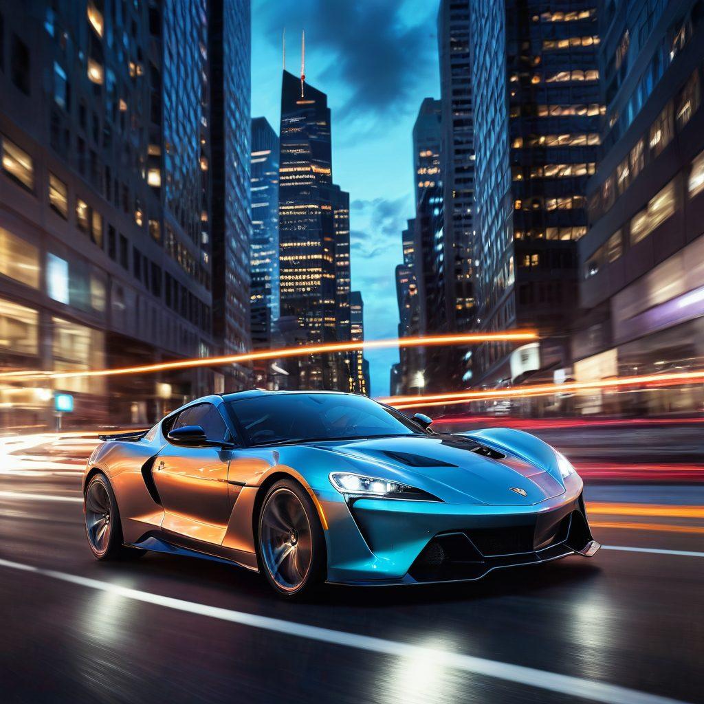 A powerful sports car revving in a dynamic cityscape, emphasizing exhaust pipes glowing and resonating with energy. The car features sleek lines and racing decals, while flames subtly emanate from the exhaust, symbolizing performance enhancement. Surrounding buildings exhibit motion blur, conveying speed and adrenaline. Dramatic lighting highlights the car's curves, creating a sense of excitement. vibrant colors. super-realistic.